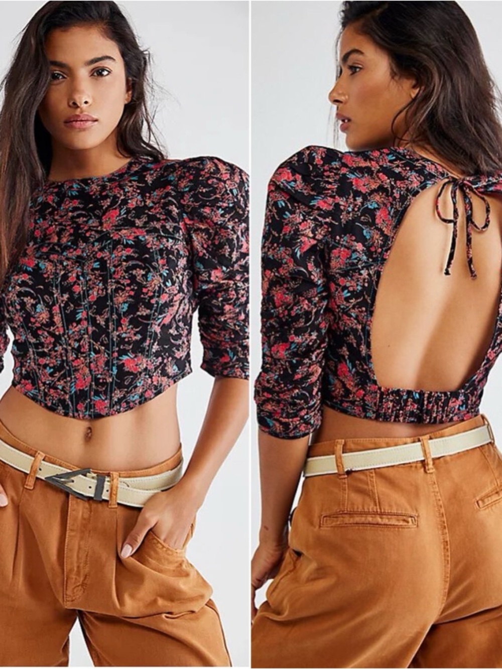 Free People Monica Floral Corset Puff-Sleeve Crop Top